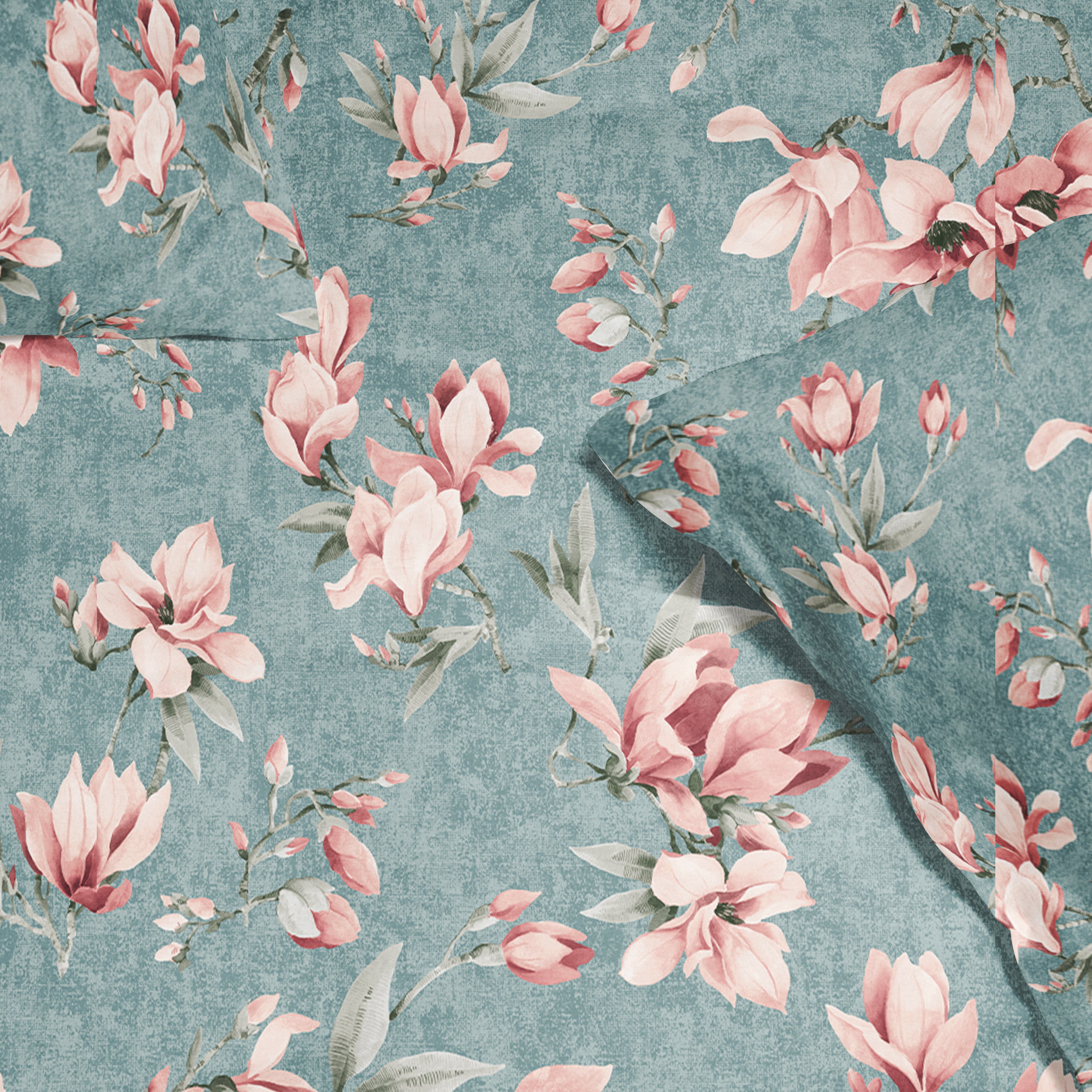 parure housse de couette Blossom Rose Turquoise